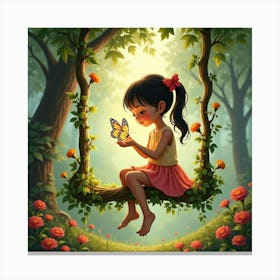 A Girl Sitting On A Swing Made Of Vines, Holding A Glowing Butterfly, Surrounded By Flowers Canvas Print