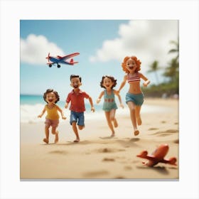 Hawaii Happy Family And Beach With Happy Children Running Toy Airplane And Freedom 2 Canvas Print