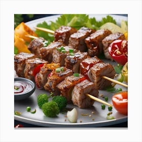 Meat Skewers On A Plate Canvas Print