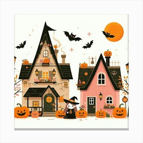 Halloween Houses With Pumpkins And Bats - Cute Vector style Illustration Canvas Print