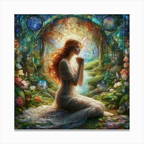 Woman Praying In The Forest Canvas Print