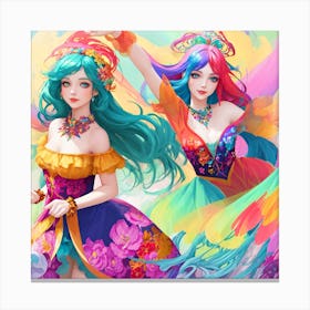 Two Girls In Colorful Dresses Canvas Print