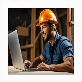 Construction Worker Using Laptop Canvas Print