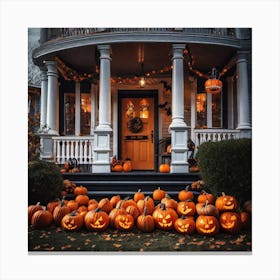 Halloween Pumpkins On Front Porch Canvas Print