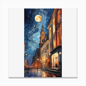 Moonlight In The City Big city landscape made of starry sky, cubism, depth, creativity, fantasy, sky blue, vermilion, glaze, grayscale, gorgeous full color Canvas Print