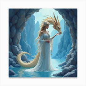 Elegant Dragon Queen In A Crystal Cave, Watercolor 1 Canvas Print