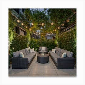 An inviting and well-designed outdoor space with comfortable seating, lush greenery, and ambient lighting, representing a welcoming atmosphere for patrons. This image is versatile and can be applied across various industries, such as hospitality, real estate, or lifestyle Canvas Print
