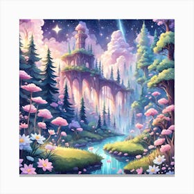 A Fantasy Forest With Twinkling Stars In Pastel Tone Square Composition 9 Canvas Print