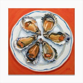 Oysters On A Plate Orange Square Painting(3) Canvas Print