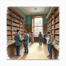 Watercolor Image Of A Classic English Bookshop With Readers Browsing The Shelves 1 Canvas Print