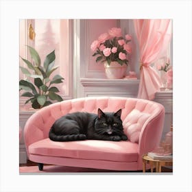Cat Nap Tuxedo Cat Napping In Pink Interior Art Print 6 Canvas Print