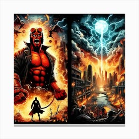 A Page For A Fantasy Comic Book Starring Hellboy Fighting An Epic Battle In A Fiery Apocalyptic Cityscape, Highlighting Explosions And Supernatural Elements Using Vivid Comic Styles And Visual Effects Canvas Print