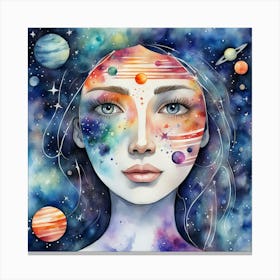 Watercolor Of A Girl With Planets Canvas Print