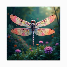 A Whimsical Dragonfly With Wings Of Fractal, Neon Patterns Hovering Over A Dreamlike Garden 1 Canvas Print