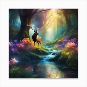 Wild Stag by the Forest Waterfall Canvas Print