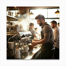 Barista Swiftly Spinning Pouring Water Into A Gleaming Espresso Machine Amidst Morning Rush In Bu (2) Canvas Print