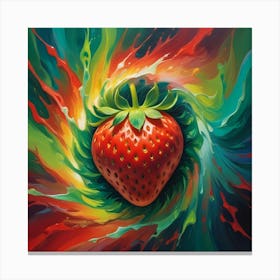 A Strawberry, Realistically Rendered, Is Surrounded By A Swirling Vortex Of Vibrant Colors, Creating A Dynamic And Abstract Composition Canvas Print