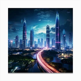 Bangkok Cityscape Set In A Futuristic Era Skyscrapers Ablaze With Neon Lights Merging Seamlessly W 2 1 Canvas Print