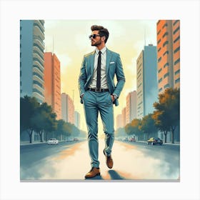 Stylish Man In Watercolor Suit, Dreamy Cityscape Scene 1 Canvas Print