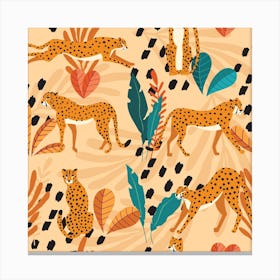 Tropical Cheetah Pattern On Beige With Colorful Florals And Decoration Square Canvas Print