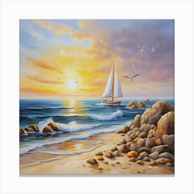 Oil painting design on canvas. Sandy beach rocks. Waves. Sailboat. Seagulls. The sun before sunset.44 Canvas Print