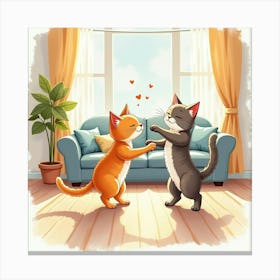 Cat And Human Dancing In The Living Room, Watercolor Painting 1 Canvas Print