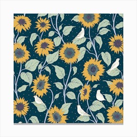 Skylarks in Sunflower Field on Prussian Blue Canvas Print