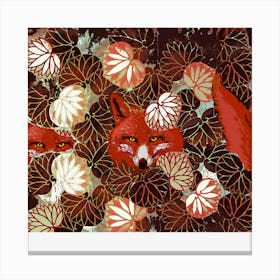 Red Foxes Among Brown White Leaves And Foliage Canvas Print