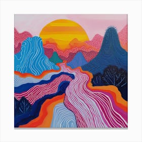  'Chromatic Valleys', a visual celebration of the natural world's rhythmic contours and the vivid dance of dusk and dawn. This artwork is a symphony of color, with flowing lines that echo the movement of rivers through mystical landscapes under a warming sky.  Nature-Inspired Art, Colorful Landscapes, Dusk and Dawn.  #ChromaticValleys, #NatureArt, #LandscapeColors.  'Chromatic Valleys' brings the enchanting beauty of the outdoors into your space with a modern, stylized twist. Perfect for those who wish to add a splash of color and the essence of sunrise serenity to their surroundings. This piece is sure to captivate and add a vibrant energy to any room. Canvas Print