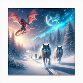 Snowy Wolf Pack Family 4 Canvas Print