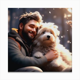 Portrait Of A Man Hugging His Dog Canvas Print