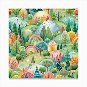 Seamless Pattern Of Colorful Trees, Hills And Rainbows Canvas Print