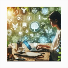 Woman Working On Laptop In The Forest Canvas Print