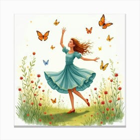 Dancer Amidst Watercolor Summer Meadow With Butterflies 1 Canvas Print