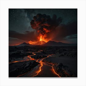 A Dramatic Volcanic Landscape With Flowing Lava, Steaming Vents, And A Dark, Starry Sky 2 Canvas Print