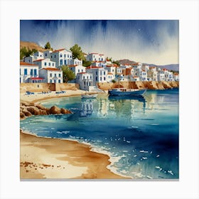 Watercolor Of Crete.Summer on a Greek island. Sea. Sand beach. White houses. Blue roofs. The beauty of the place. Watercolor. Canvas Print