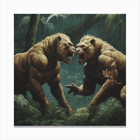 Two Lions Fighting In The Jungle Canvas Print