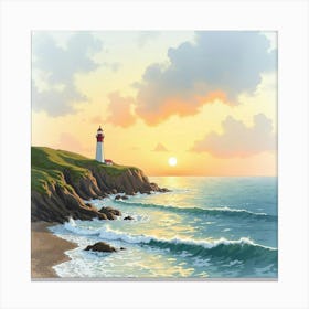 An English Coastal Scene With A Gentle Sunset And A Lighthouse, Watercolor Style 1 Canvas Print