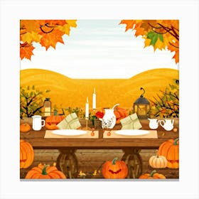 An Illustration Of A Thanksgiving Inspired Table Set Against An Autumn Nature Backdrop Showcasing A (3) Canvas Print