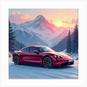 Porsche Taycan Turbo S With A Radiant Watercolor Mountain Scene 1 Canvas Print