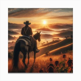 Cowboy On Horse At Sunset 001 001 Canvas Print