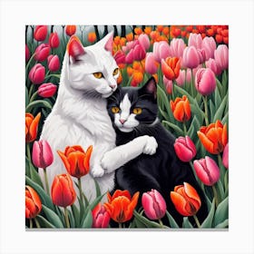 Cat And Tulips Canvas Print