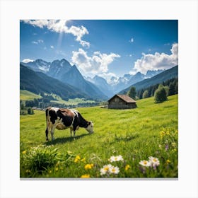 Alpine Meadow With A Cow Grazing Spring Setting Blossoming Flowers Dotting The Lush Grass Warm Su (5) Canvas Print