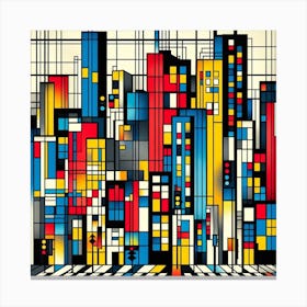 Inspired by Piet Mondrian's geometric abstractions and primary colors:
Symphony of the City Grid 3 Canvas Print