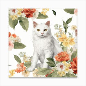 White Cat With Flowers Canvas Print