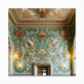 William Morris Inspired Floral Motifs Decorating The Walls Of An Elegant Ballroom, Style Art Nouveau 3 Canvas Print