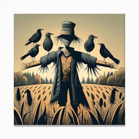 Whimsical scarecrow wall art print, Scarecrow in a field canvas artwork, Rustic scarecrow decor for walls, Harvest season scarecrow wall print, Scarecrow and pumpkins wall art, Fall-themed scarecrow painting print, Scarecrow art for farmhouse decor, Cute scarecrow illustration on canvas, Autumn scarecrow scene wall decor, Scarecrow in the garden art print. Canvas Print