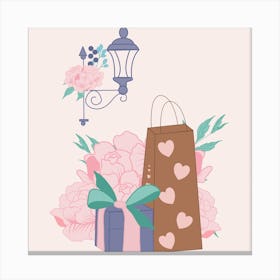 Peonies And Gifts Square Canvas Print