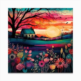 Watercolor Folk Art Sunset #2 Canvas Print