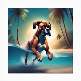 A dog boxer swimming in beach and palm trees 9 Canvas Print